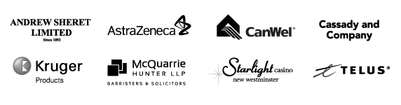 Andrew Sheret Ltd — AstraZeneca — CanWel — Cassady and Company — Kruger Products — McQuarrie Hunter LLP — Starlight Casino — Telus